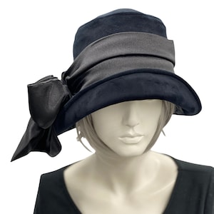 Cloche Hat Women, Black Velvet Hat with Satin Bow Scarf, or Choose Your Color, Handmade in the USA