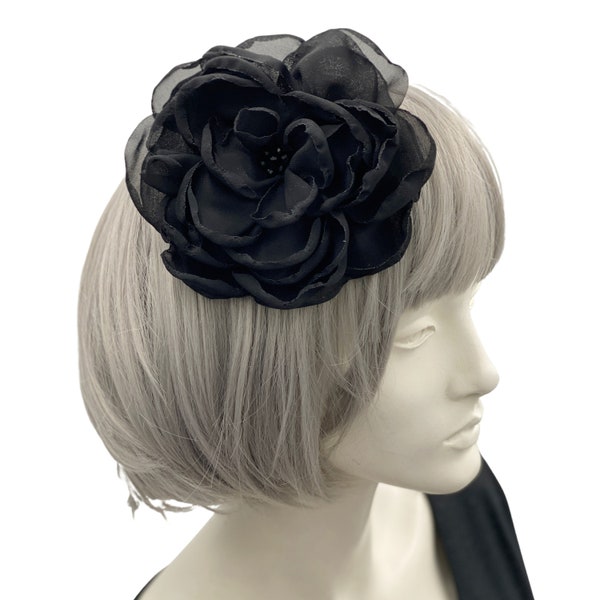 Flower Fascinator, Black Hair Flower, Chiffon Peony, Fabric Flower Hair Clip, More Available Colors, Handmade in USA