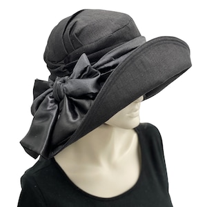 Black Wide Brim Hat, 1930s Hat, Linen Hat for Women with Satin Band and Bow, Handmade in USA, Weddings and Special Occasion