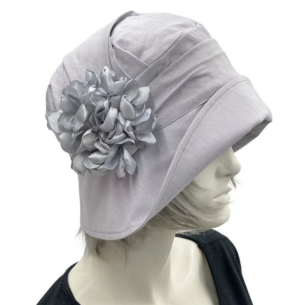 1920s Cloche Hat, Pearl Gray Linen Hat, or Choose Your Color, with Hydrangea Petal Brooch, Weddings and Garden Tea Party, Handmade in USA