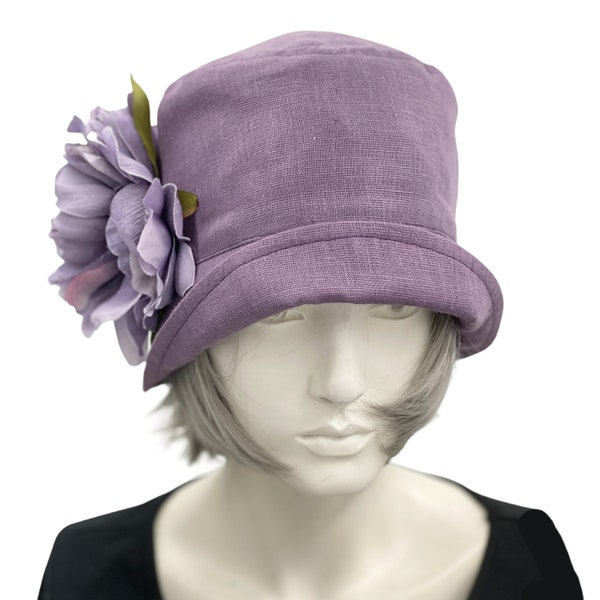 1930s Hat, Cloche Hat Women, Handmade in Purple Linen with Large Flower Brooch Embellishment, Quality Designer Headwear, Made in America