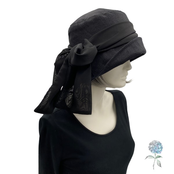 Cloche Hat Women, Black Linen Hat with Chiffon Bow Scarf, Chemo Headwear, Handmade in the USA