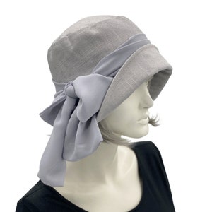 Summer Cloche Hat, Gray Linen Hat with Chiffon Bow Scarf, 1920s Style Gatsby Wedding Hat, Tea Party and Cruise Hat, Handmade in the USA