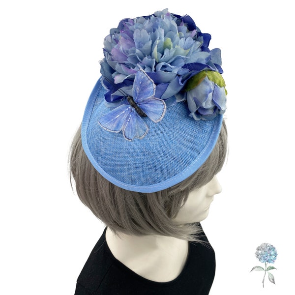 Chapeaux Kentucky pour femmes, fascinateur fleur pivoine bleue et papillon, fait main, prêt à expédier et unique en son genre,