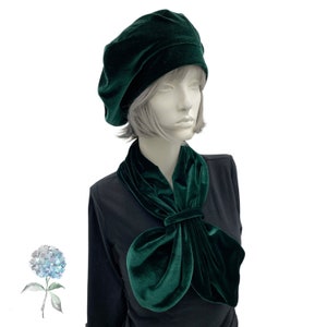 Beret for Women, Green Velvet Satin Lined Hat with Emerald Green Scarf, or Choose Your Color, Handmade in the USA