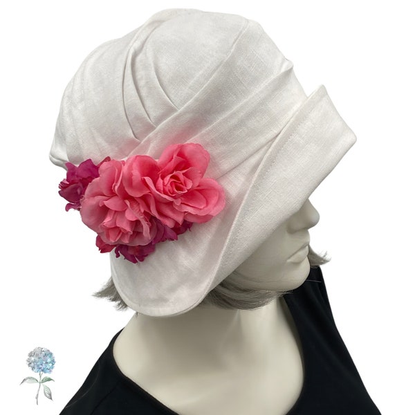 Flapper Hat, White Linen Hat Women, with Pink Faux Silk Flower Brooch, Summer Cloche Hat, Handmade in the USA