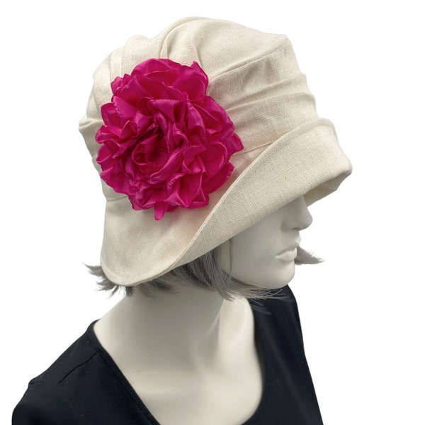 Cloche Hat Women, Linen Hat with Large Pink Rose Brooch, Unique Summer Wedding and Tea Party Hat, Handmade in the USA