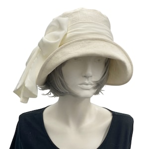Summer Cloche Hat, Cream Linen with Chiffon Scarf, Gatsby Wedding, Mother of the Bride Hat, Kentucky Derby Hats For Women