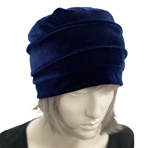 Bonnet pour femme, bonnet en velours bleu, ample extensible, couvre-chef chimio, bonnet doublé de satin, fait main aux États-Unis Bleu
