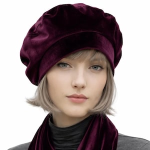Beret for Women in Eggplant Velvet, Satin Lined Chemo Hat, Infinity Scarf Available