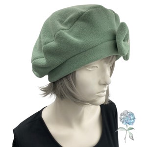 Cute Beret, Sage Green Fleece with Removable Bow, Satin Lined Hat, Beret Hats For Women, Handmade in the USA image 6