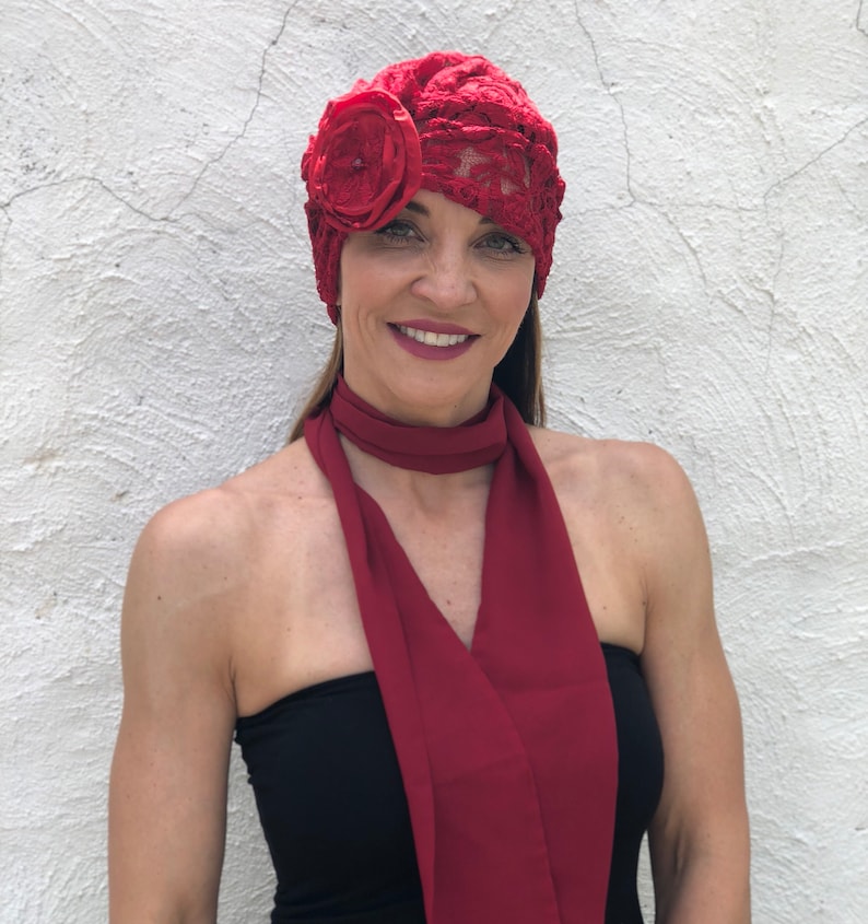 Handmade in the USA 1920/'s Red Lace Turban with Red Rose Size Large Ready to Ship