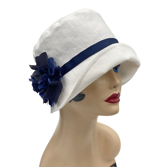 Cloche Hat Women Blue and White Linen 