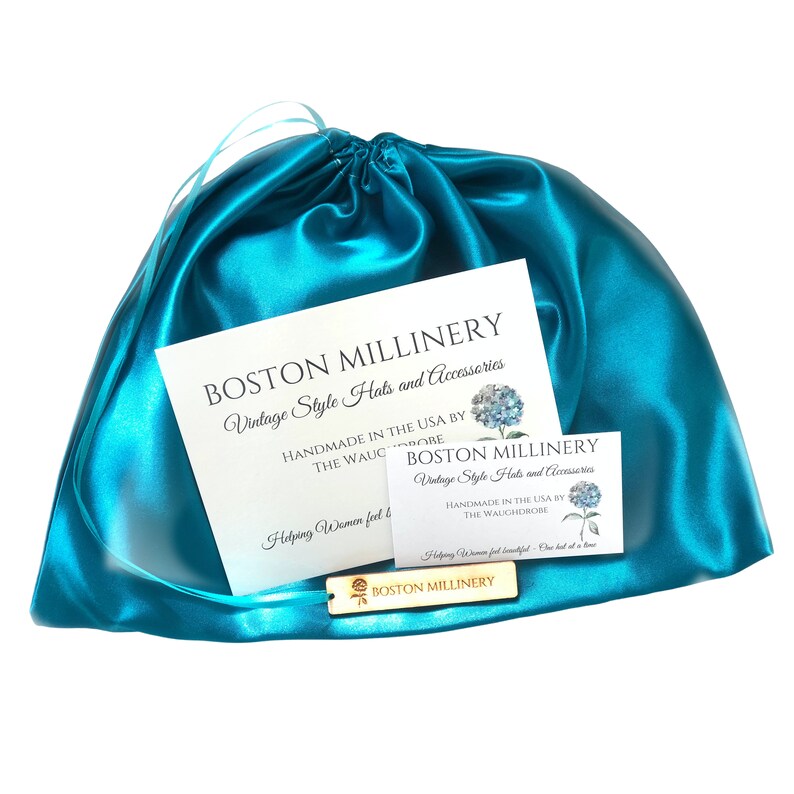 Satin hat storage bag perfect for gift giving. Handmade in The USA Boston Millinery