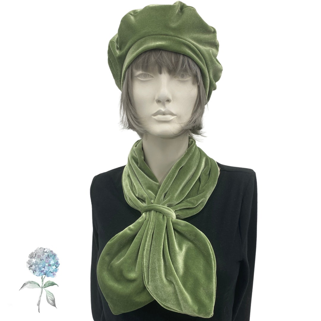 Green Beret Hat, Sage Green Velvet Beret and Neck Warmer Women, Best