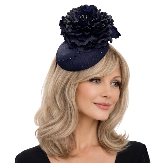 Navy Blue Fascinator, Floral Headband Elegant Derby, Wedding 