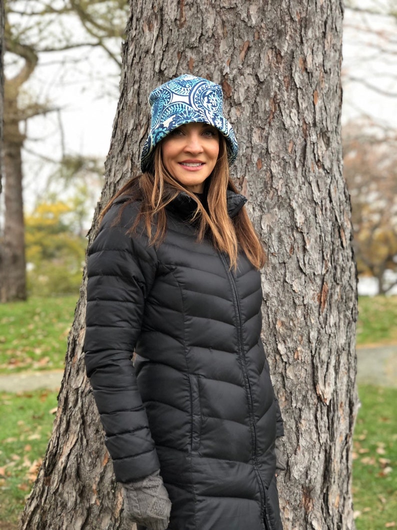 Rainy Day Cloche Hat in Blue Paisley Print Womens Showerproof Hats Handmade in the USA
