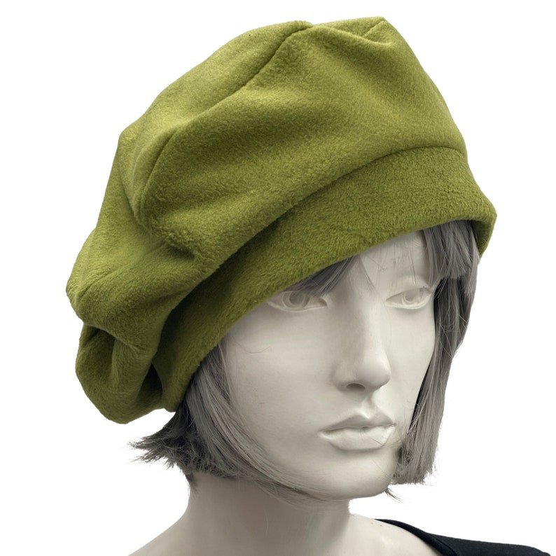 Cute Beret, Satin Lined Winter Hat, Chartreuse Fleece Hat, Berets For Women, Wife Birthday Gift, Handmade in USA image 1