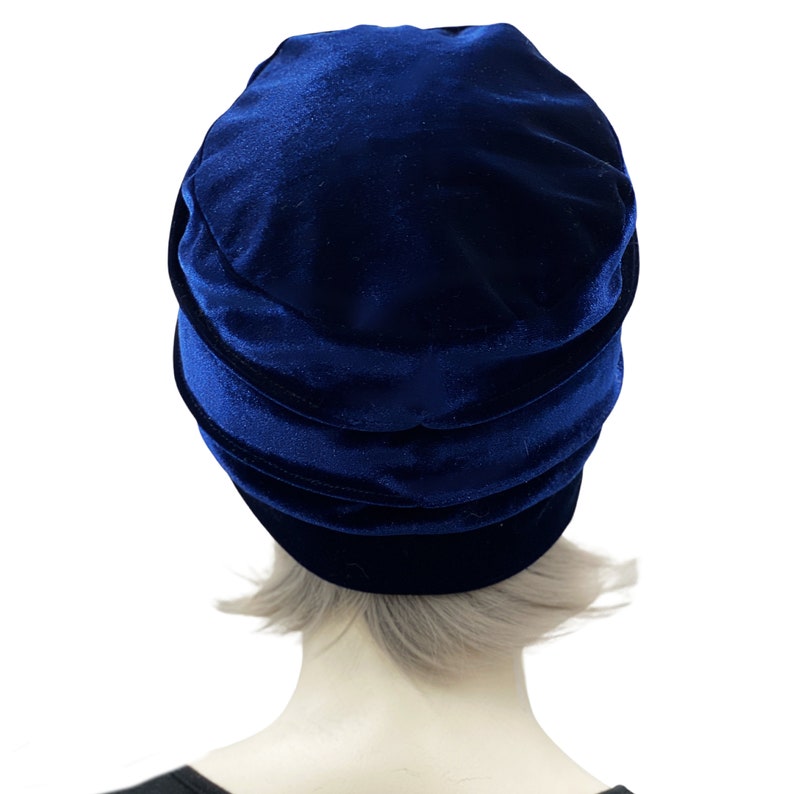 Bonnet pour femme, bonnet en velours bleu, ample extensible, couvre-chef chimio, bonnet doublé de satin, fait main aux États-Unis image 6