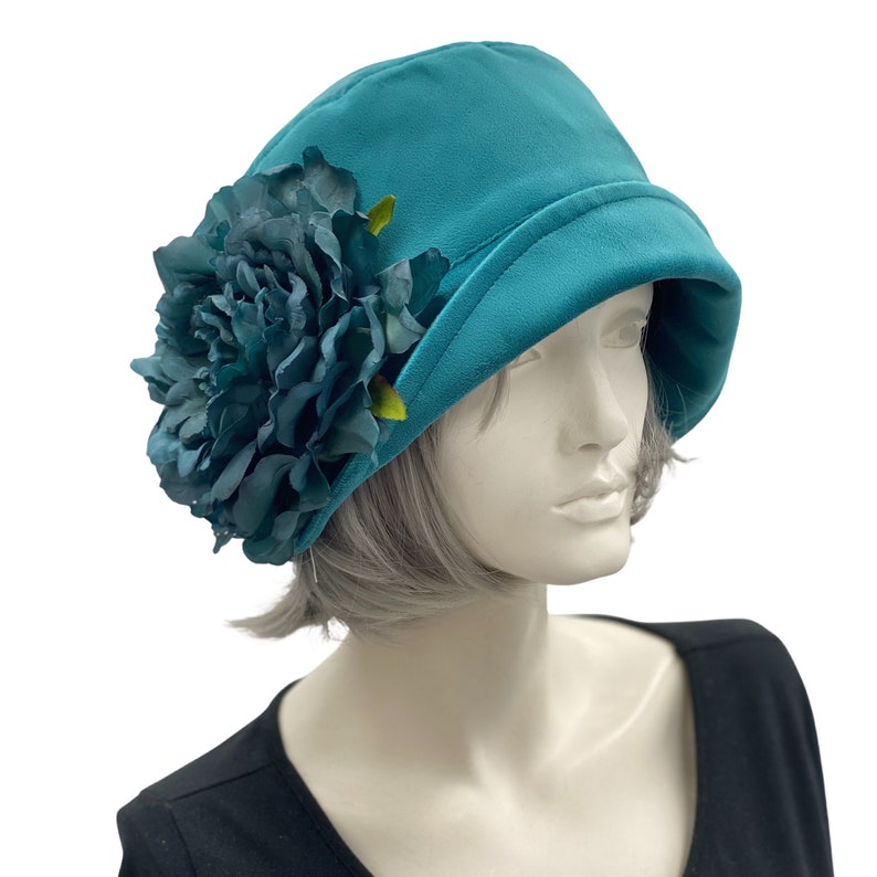 Teal Velvet, Cloche Hat, Peony Style Brooch, Size Large Ready to Ship, 1920s Style Hats, Downton Abbey Style Winter Hats Women, Handmade USA