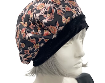 Berets for Women, Black and Orange Floral Velvet, Satin Lined Hat, Chemo Headwear