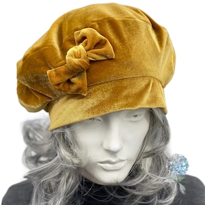 Gold Velvet Beret For Women with Front Bow, Size Large Ready to Ship, Last Minute Gift Ideas, Satin Lined Chemo Headwear,