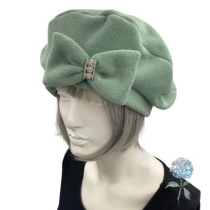 Cute Beret, Sage Green Fleece with Removable Bow, Satin Lined Hat, Beret Hats For Women, Handmade in the USA image 5