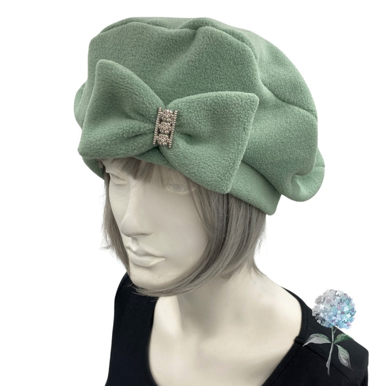 Cute Beret, Sage Green Fleece with Removable Bow, Satin Lined Hat, Beret Hats For Women, Handmade in the USA image 5