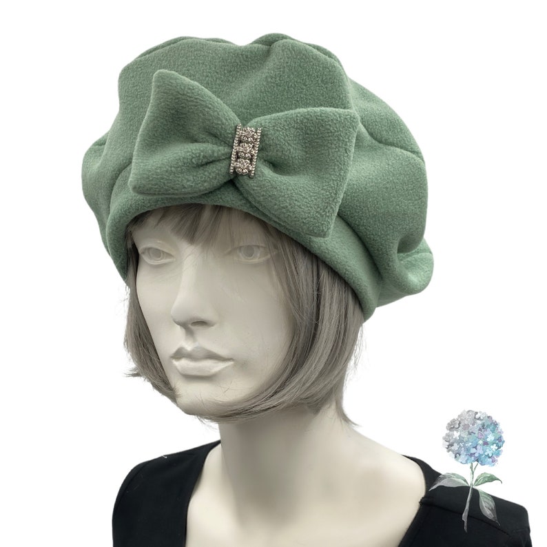 Cute Beret, Sage Green Fleece with Removable Bow, Satin Lined Hat, Beret Hats For Women, Handmade in the USA image 1