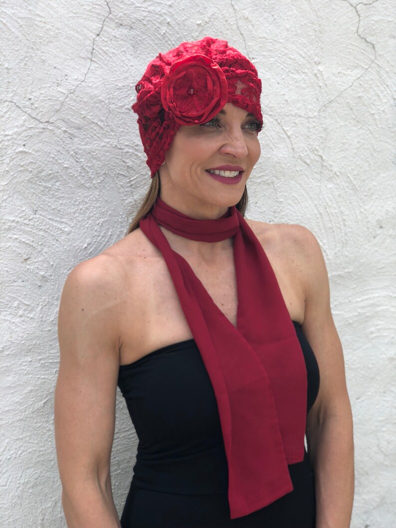 Handmade in the USA 1920/'s Red Lace Turban with Red Rose Size Large Ready to Ship
