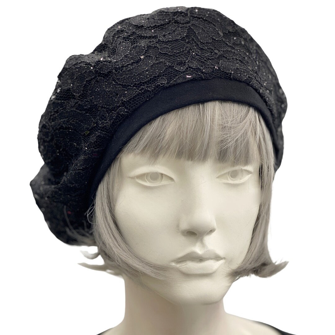 Berets for Women in Black Sparkle Lace, Cocktail Hat, Wedding Hat, Chemo Headwear, Handmade in