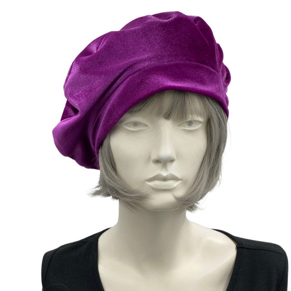 Raspberry Velvet Beret, Satin Lined Hat, Breast Cancer Gifts, Berets for Women, Handmade in the USA