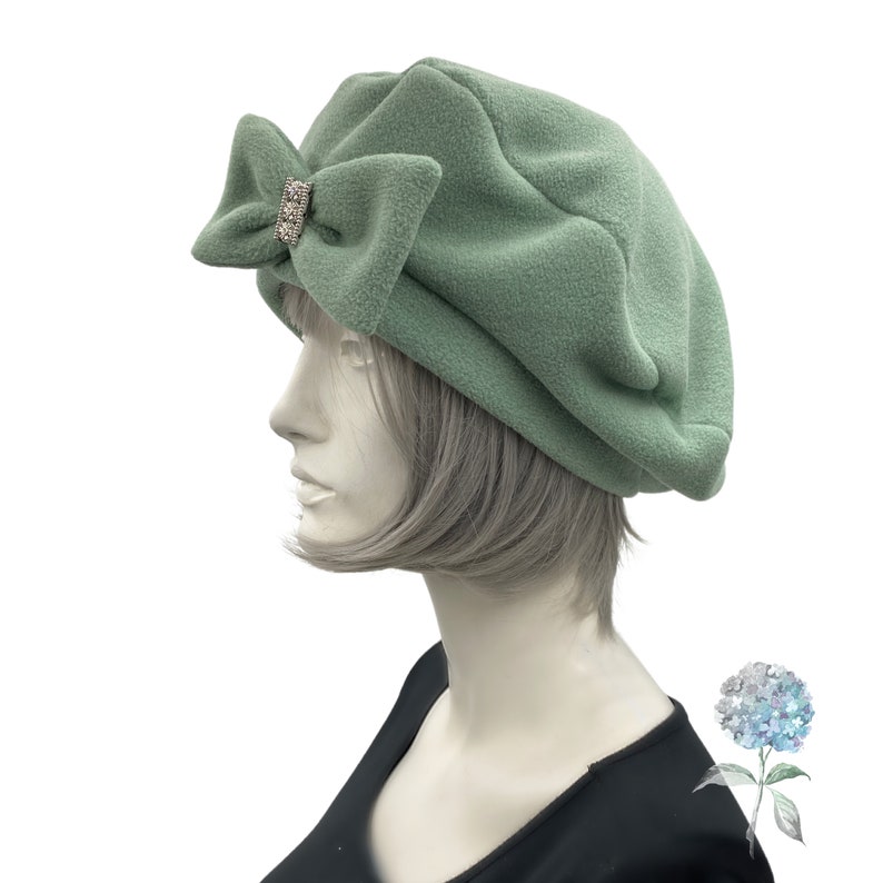 Cute Beret, Sage Green Fleece with Removable Bow, Satin Lined Hat, Beret Hats For Women, Handmade in the USA image 3