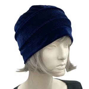 Bonnet pour femme, bonnet en velours bleu, ample extensible, couvre-chef chimio, bonnet doublé de satin, fait main aux États-Unis image 4