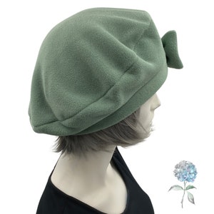 Cute Beret, Sage Green Fleece with Removable Bow, Satin Lined Hat, Beret Hats For Women, Handmade in the USA image 4