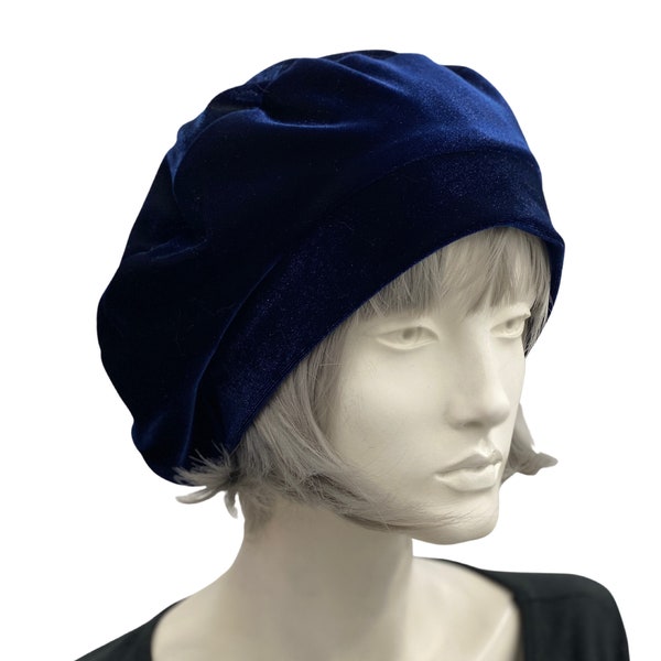 Navy Blue Hat, Cute Beret, Handmade in Blue Velvet, Satin Lined, Hats Women, Chemo Headwear, Choose Your Color