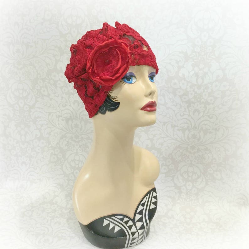 Handmade in the USA 1920/'s Red Lace Turban with Red Rose Size Large Ready to Ship