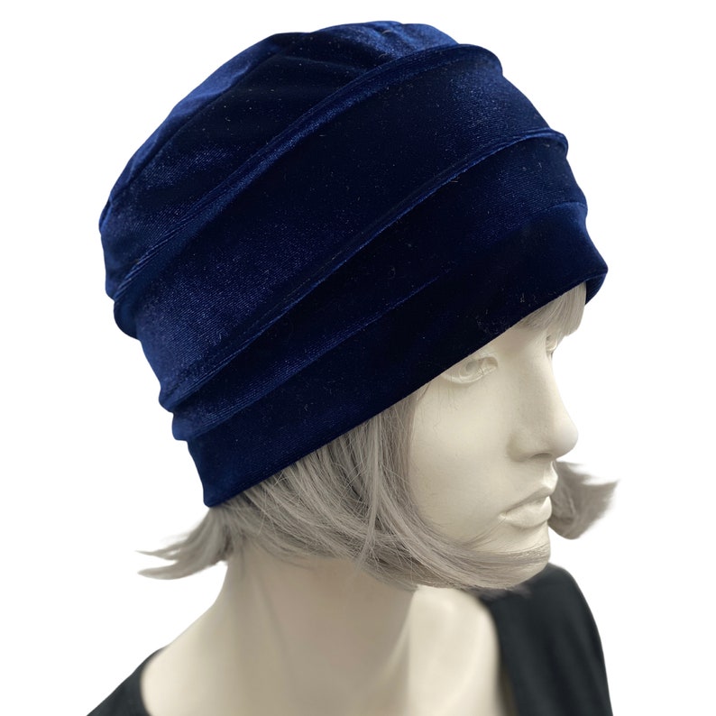 Bonnet pour femme, bonnet en velours bleu, ample extensible, couvre-chef chimio, bonnet doublé de satin, fait main aux États-Unis image 5