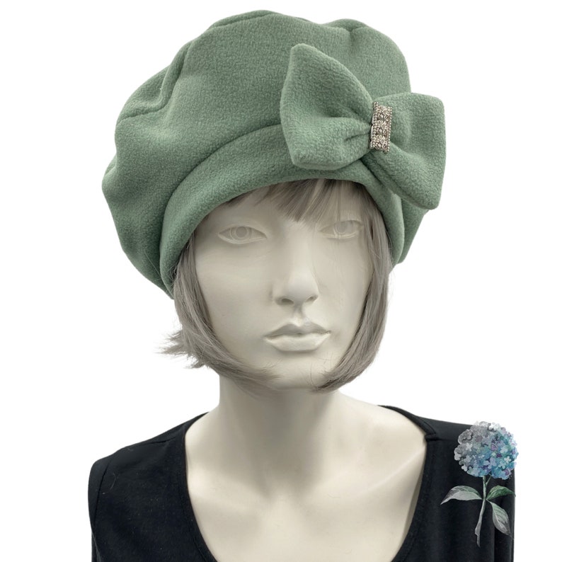 Cute Beret, Sage Green Fleece with Removable Bow, Satin Lined Hat, Beret Hats For Women, Handmade in the USA image 2