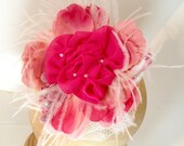 Fascinator, Hair Accessory, Headpiece Pink Flowers and Feathers Special Occasions, Weddings