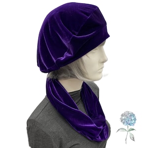Purple Velvet Beret For Women with Infinity Scarf, Winter Fashion Hat and Scarf Set.