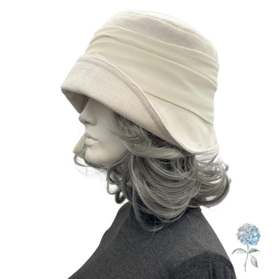 Cream Linen Cloche Hat With Chiffon Scarf: Gatsby Wedding  display picture 3