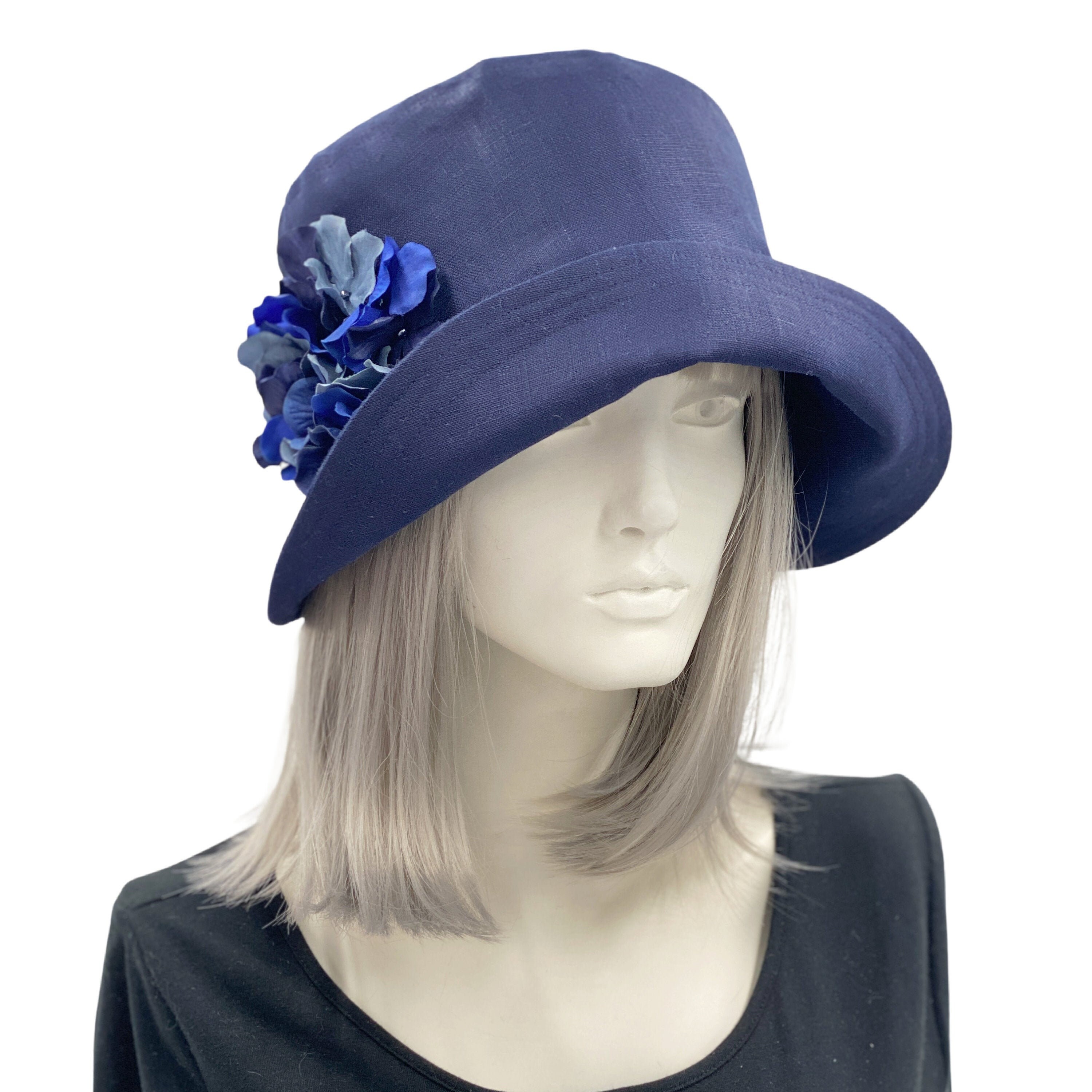 Cloche Hat Women Navy Blue Linen 1920s 