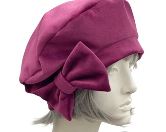 Raspberry Beret, Velvet Beret with Bow, Satin Lined Winter Hat, Handmade in the USA