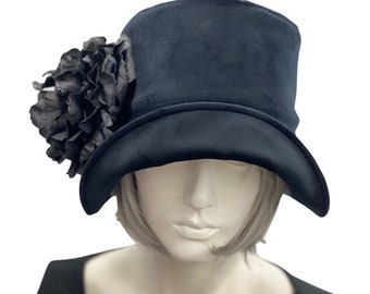 Velvet Cloche Hat, 1920s Fashion, Winter Hats Women, with Large Peony Brooch, Winter Wedding Hat, Handmade in USA