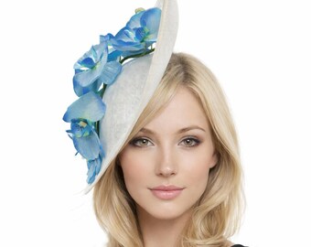 Fascinator Hats For Women, White and Blue Orchid Headband: Handmade and Ready Made