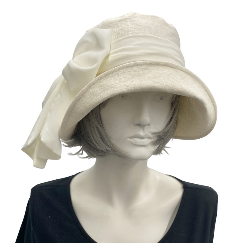 1920s Cloche Hat, Cream Linen with Chiffon Scarf, Wedding Hat for Mother of the Bride, Kentucky Derby Hats For Women 