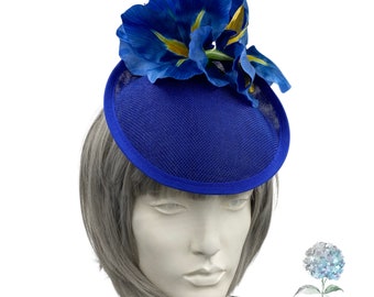 Royal Blue Fascinator, Iris Floral Headpiece, Kentucky Derby Fascinator, Womens Hats for Weddings and The Races