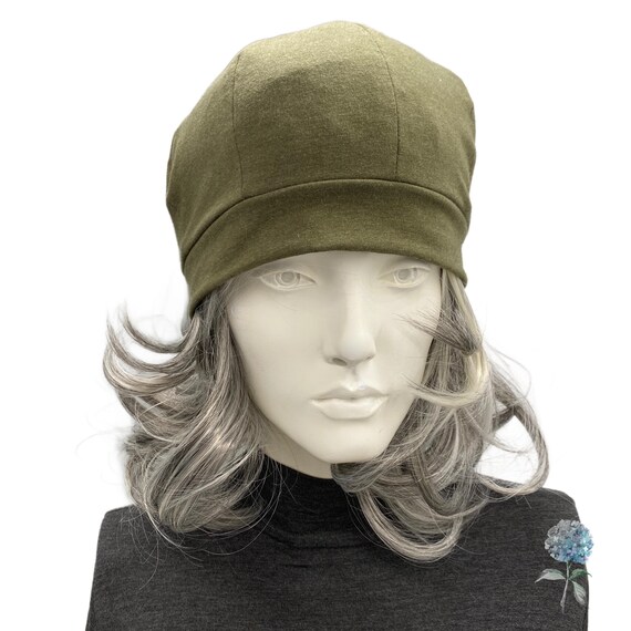Olive Green Jersey Knit Beret Beanie: Handmade Snug Fit  display picture 1