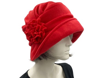 Cloche Hat Women, Red Fleece Satin Lined Winter Hat, Handmade in the USA